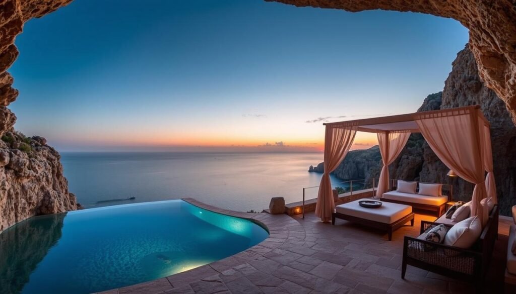 Cap Rocat Sentinel suite with private plunge pool carved into the cliffside, recognized as one of the Most Instagrammable Luxury Hotels in Europe