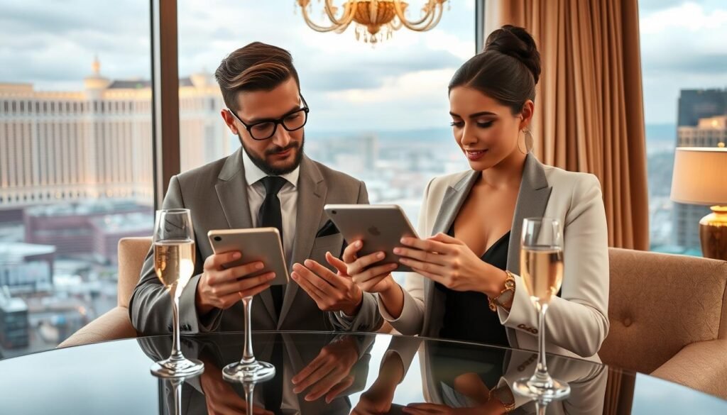 Couple reviewing restaurant options on digital devices in Las Vegas hotel