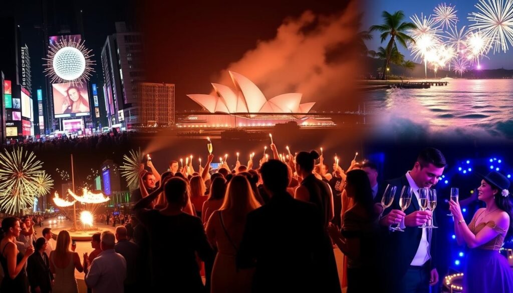 Diverse New Year's celebrations collage showing different best New Year's vacation destinations worldwide