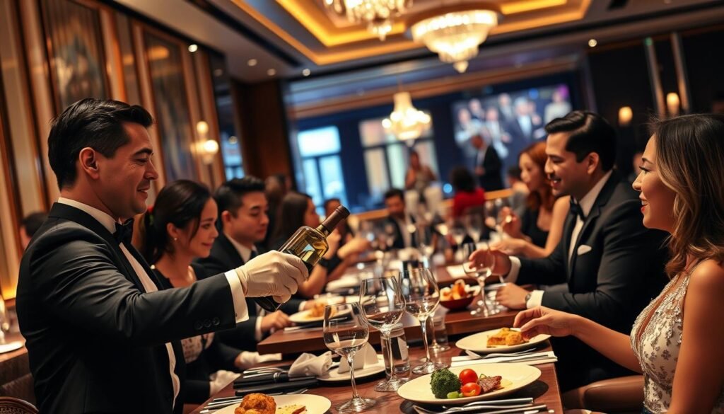 Elegant diners enjoying luxury meal in Las Vegas restaurant