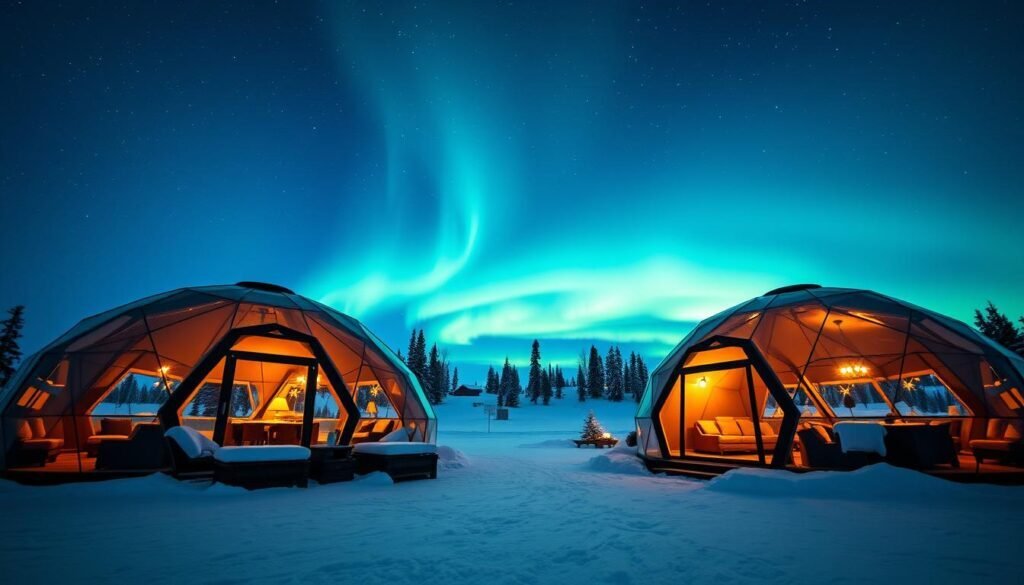 Glass igloos under the Northern Lights at Kakslauttanen Arctic Resort in Finland, one of the Most Instagrammable Luxury Hotels in Europe