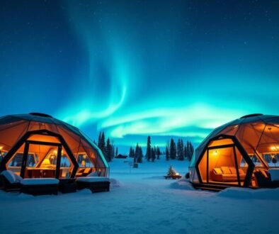 Glass igloos under the Northern Lights at Kakslauttanen Arctic Resort in Finland, one of the Most Instagrammable Luxury Hotels in Europe