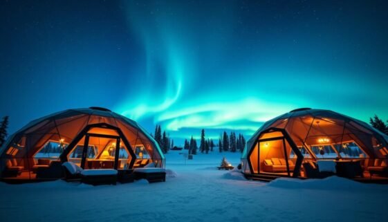 Glass igloos under the Northern Lights at Kakslauttanen Arctic Resort in Finland, one of the Most Instagrammable Luxury Hotels in Europe