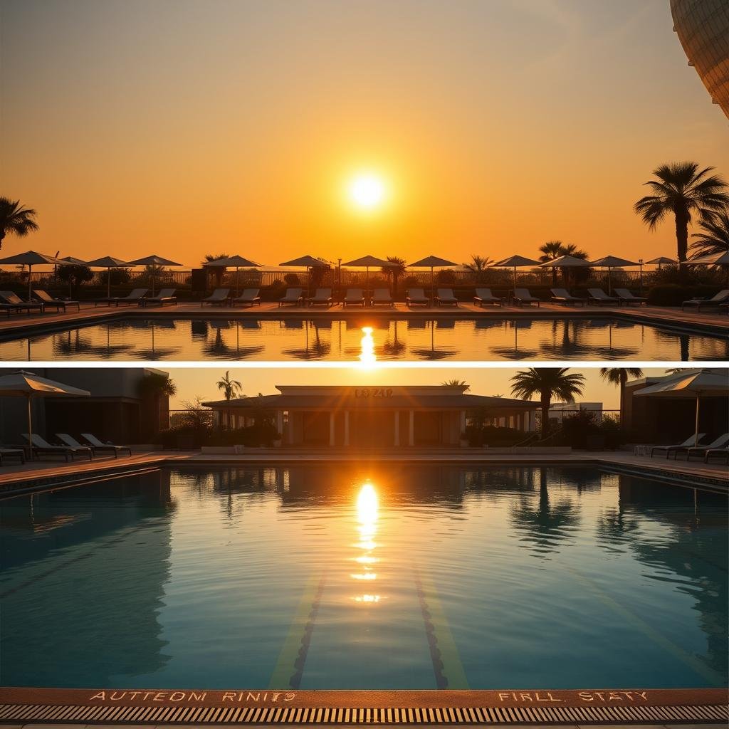 Golden hour lighting at a luxury hotel pool, essential for capturing Most Instagrammable Luxury Hotels in Europe