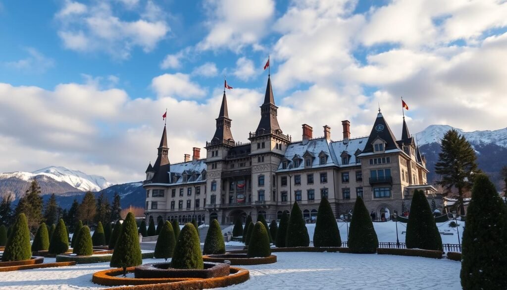 Gstaad Palace fairytale castle exterior with snow-capped Alps in background, considered one of the Most Instagrammable Luxury Hotels in Europe