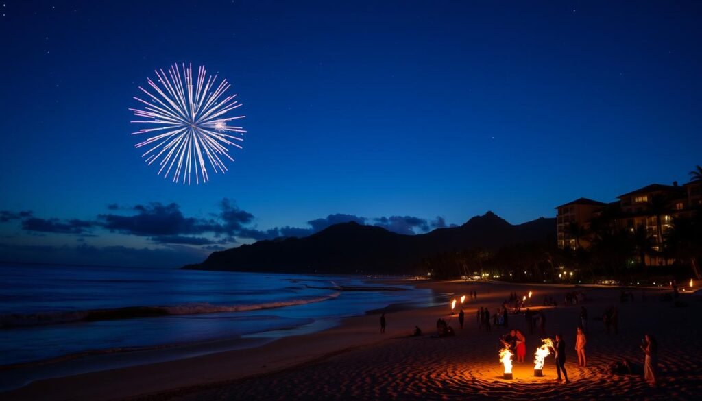 Hawaii beach New Year's celebration with fireworks over the ocean and palm trees, paradise best New Year's vacation destination