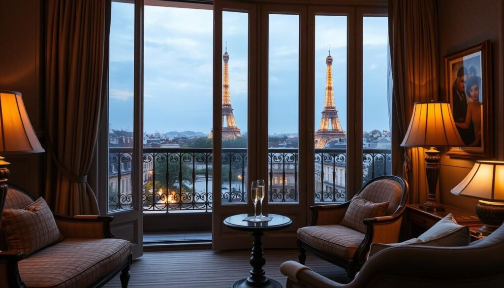 Hotel Plaza Athénée room with balcony view of Eiffel Tower, recognized as one of the Most Instagrammable Luxury Hotels in Europe