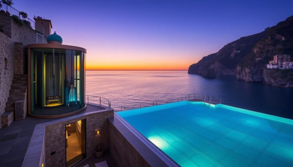 Hotel Santa Caterina's seaside pool and beach club accessed by glass elevator