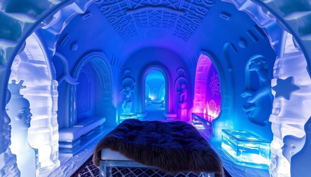 Icehotel art suite with intricate ice sculptures and lighting, recognized as one of the Most Instagrammable Luxury Hotels in Europe
