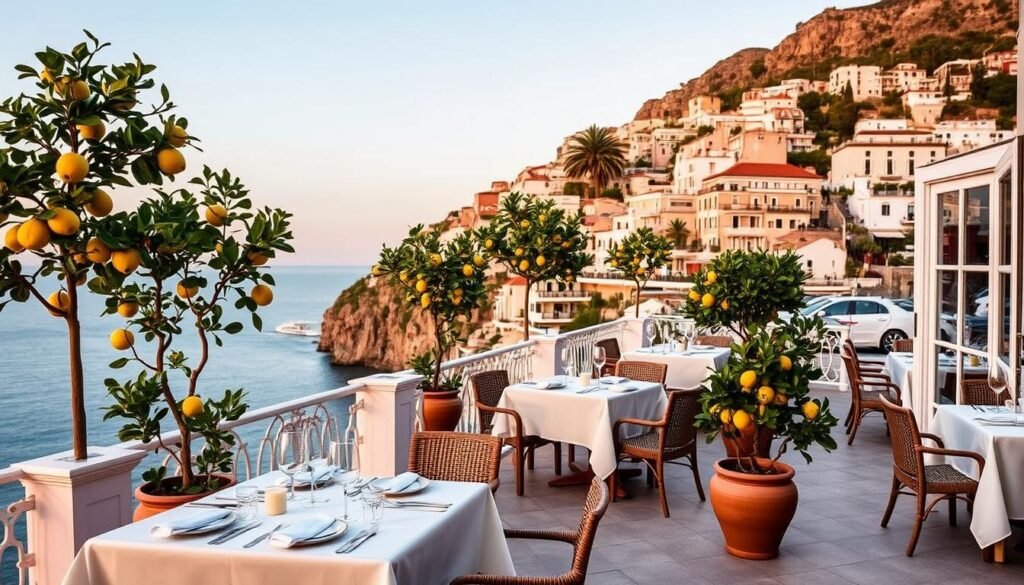 Le Sirenuse terrace overlooking colorful Positano houses and the Mediterranean Sea, one of the Most Instagrammable Luxury Hotels in Europe