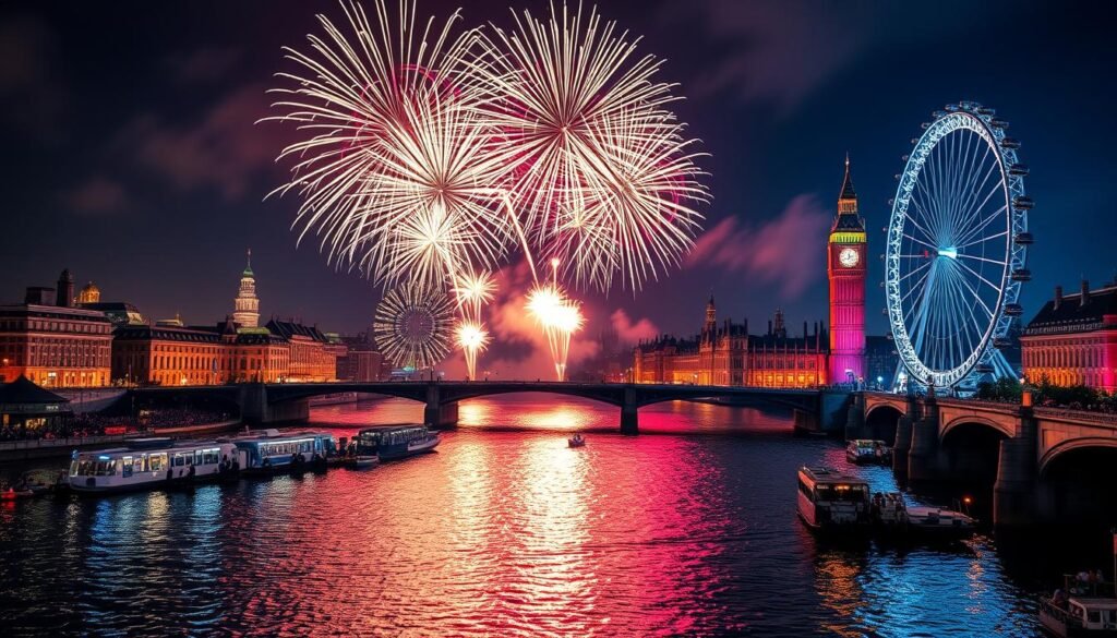 London New Year's Eve fireworks over the Thames River and London Eye, popular best New Year's vacation destination
