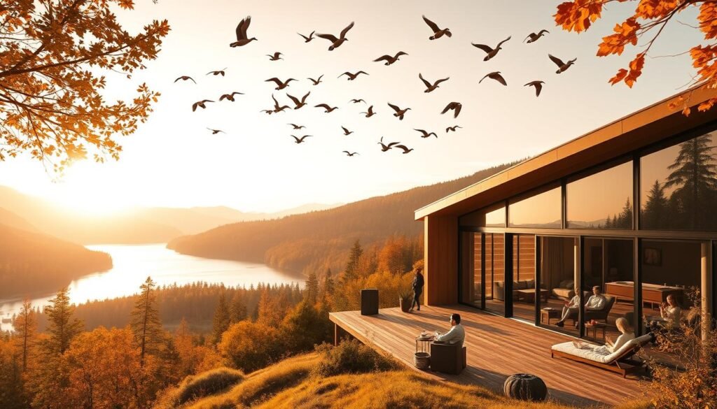 Luxurious autumn landscape, golden hour lighting bathes a serene eco-resort nestled in a forested mountain valley. A sleek, modern cabin with expansive windows offers panoramic views of a shimmering lake. Guests lounge on the timber deck, sipping craft cocktails infused with locally-sourced botanicals. In the distance, a hydroelectric micro-dam powers the resort's sustainable energy grid. Warm, earthy tones and natural materials evoke a sense of harmony with the environment. Overhead, a flock of migrating geese glide across a pastel sky, hinting at the changing seasons. A picturesque representation of responsible opulence in fall 2025.