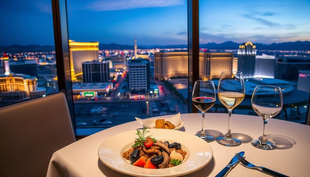 Luxury dining experience with Las Vegas Strip view at night