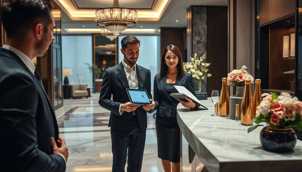 Luxury hotel concierge assisting guests with personalized travel planning