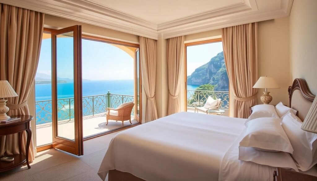 Luxury hotel room with private terrace overlooking the Amalfi Coast