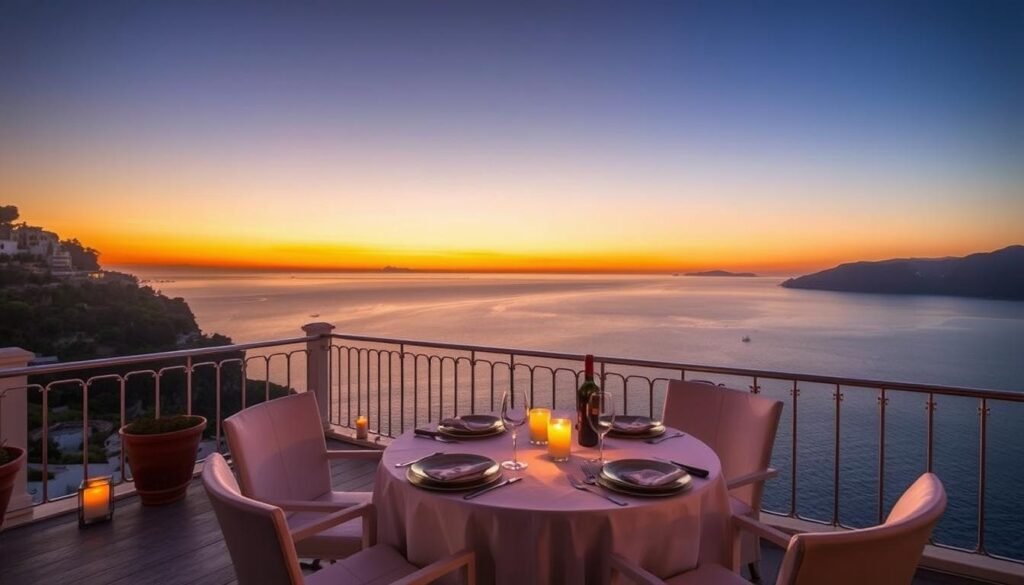 Luxury hotel terrace set for a romantic dinner overlooking the Amalfi Coast at sunset