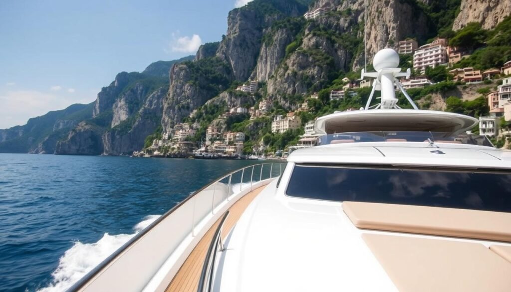 Luxury yacht approaching the Amalfi Coast with cliffside hotels visible