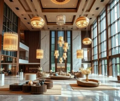 Modern luxury hotel lobby with innovative design elements redefining elegance