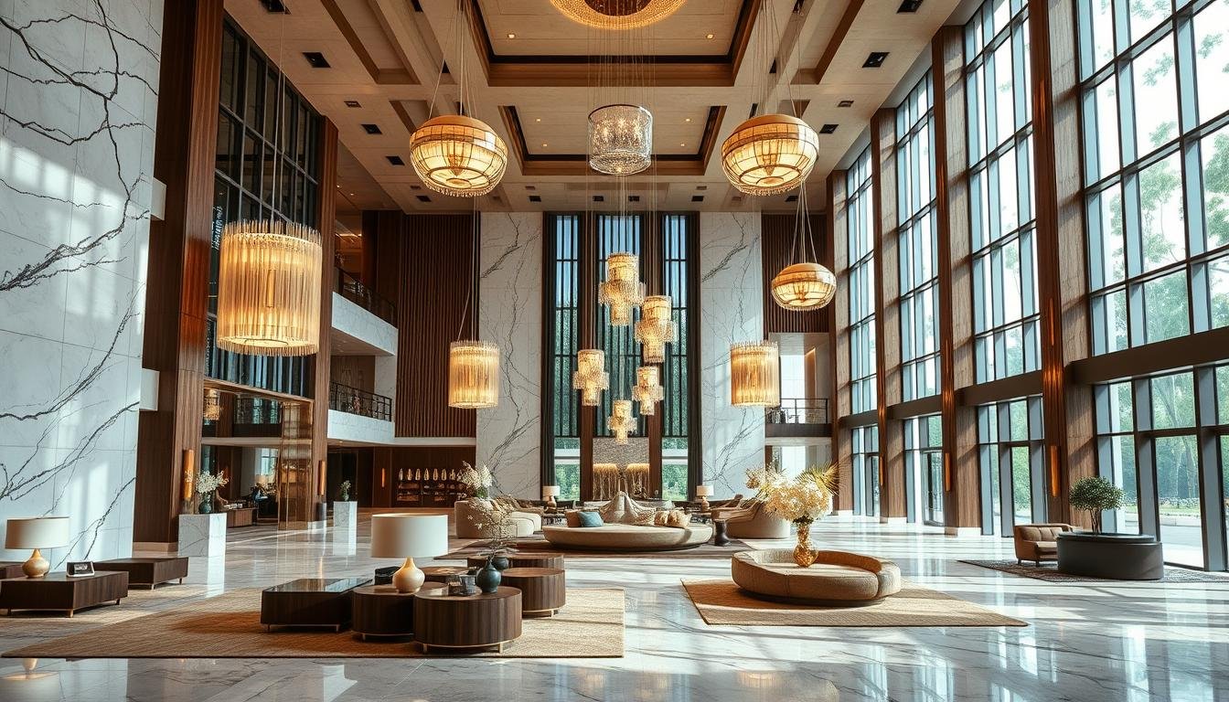 Modern luxury hotel lobby with innovative design elements redefining elegance