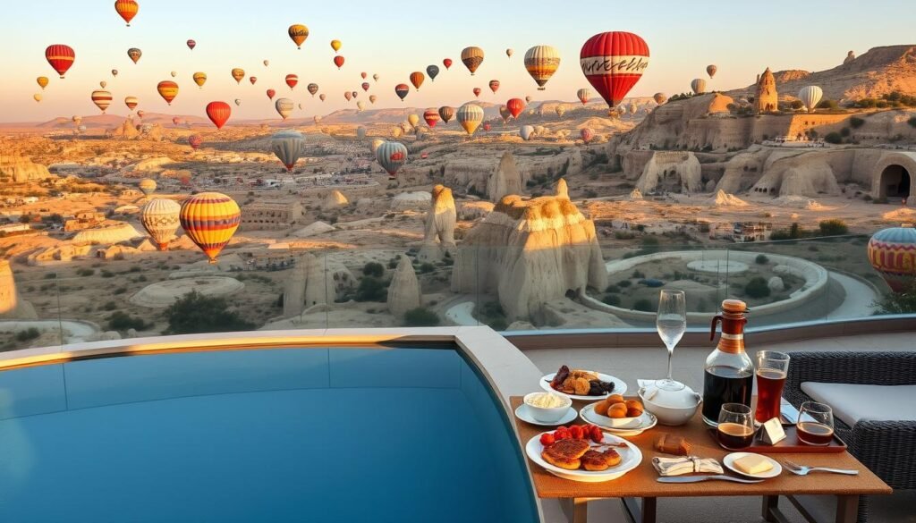 Museum Hotel terrace with hot air balloons floating over Cappadocia landscape, listed among the Most Instagrammable Luxury Hotels in Europe