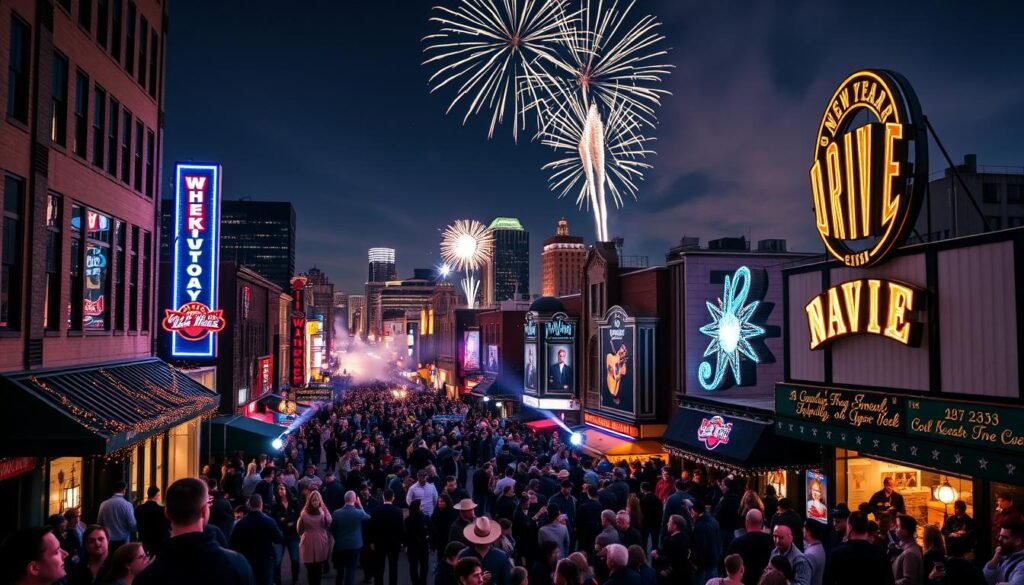 Nashville New Year's Eve celebration with music note drop and live concerts, musical best New Year's vacation destination