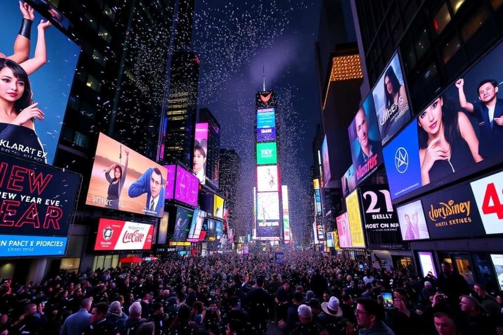 New Year's Eve celebration in Times Square with the iconic ball drop, a classic best New Year's vacation destination