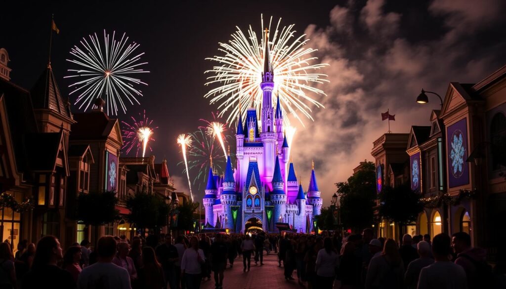 Orlando Disney World New Year's celebration with fireworks over Cinderella Castle, family-friendly best New Year's vacation destination