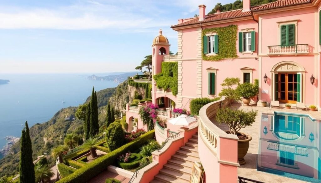 Palazzo Avino's pink palace facade and rooftop pool with coastal views
