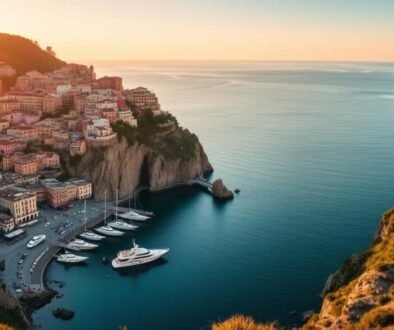 Panoramic view of the Amalfi Coast showing colorful cliffside towns and azure Mediterranean waters