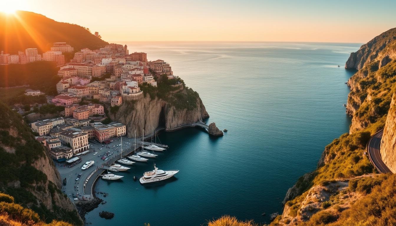 Panoramic view of the Amalfi Coast showing colorful cliffside towns and azure Mediterranean waters