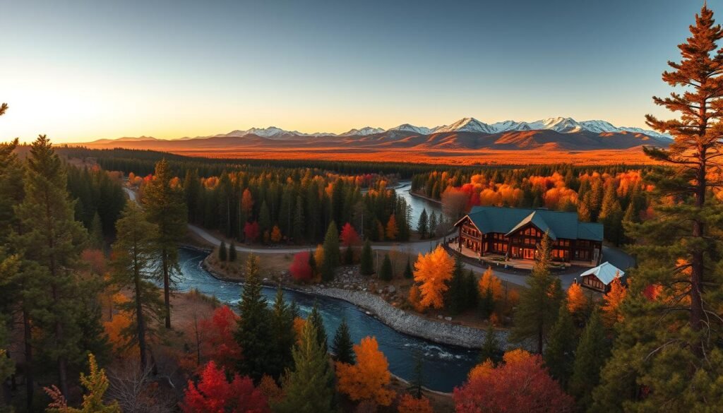 Prompt A sweeping, panoramic vista of a luxurious North American fall landscape in 2025. In the foreground, a grand, rustic lodge nestled amidst towering pines, its warm, inviting lights beckoning guests. Scattered around are high-end glamping tents and cabins, blending seamlessly with the natural scenery. The middle ground features a winding river, its surface reflecting the vibrant oranges, reds, and golds of the surrounding foliage. In the distance, a range of majestic, snow-capped mountains, their peaks bathed in the golden glow of the setting sun. The image is captured with a wide-angle lens, creating a sense of grandeur and scale, and lit by warm, natural lighting that enhances the cozy, autumnal atmosphere.