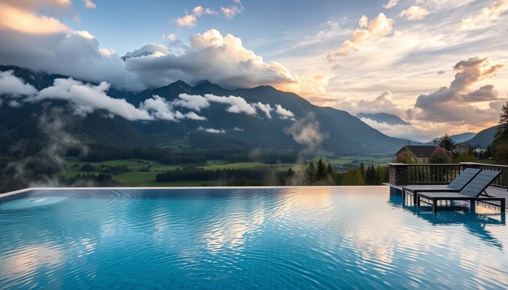 Schloss Elmau outdoor infinity pool with panoramic mountain views, featured among the Most Instagrammable Luxury Hotels in Europe