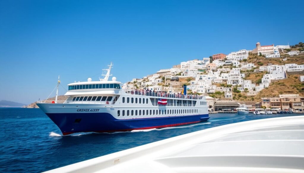 A Greek ferry approaching a Cycladic island port with white buildings in the background, essential transport for first-time travelers to Greek islands