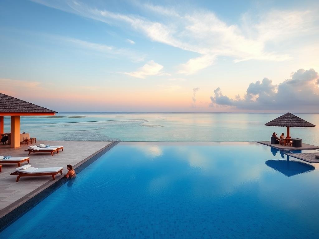 Adults-only infinity pool at Meeru Island Resort, an affordable luxury feature Adults-only infinity pool at Meeru Island Resort, an affordable luxury feature
