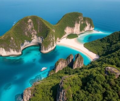 Aerial view of Côn Đảo's granite cliffs and pristine beaches with crystal-blue water, Vietnam