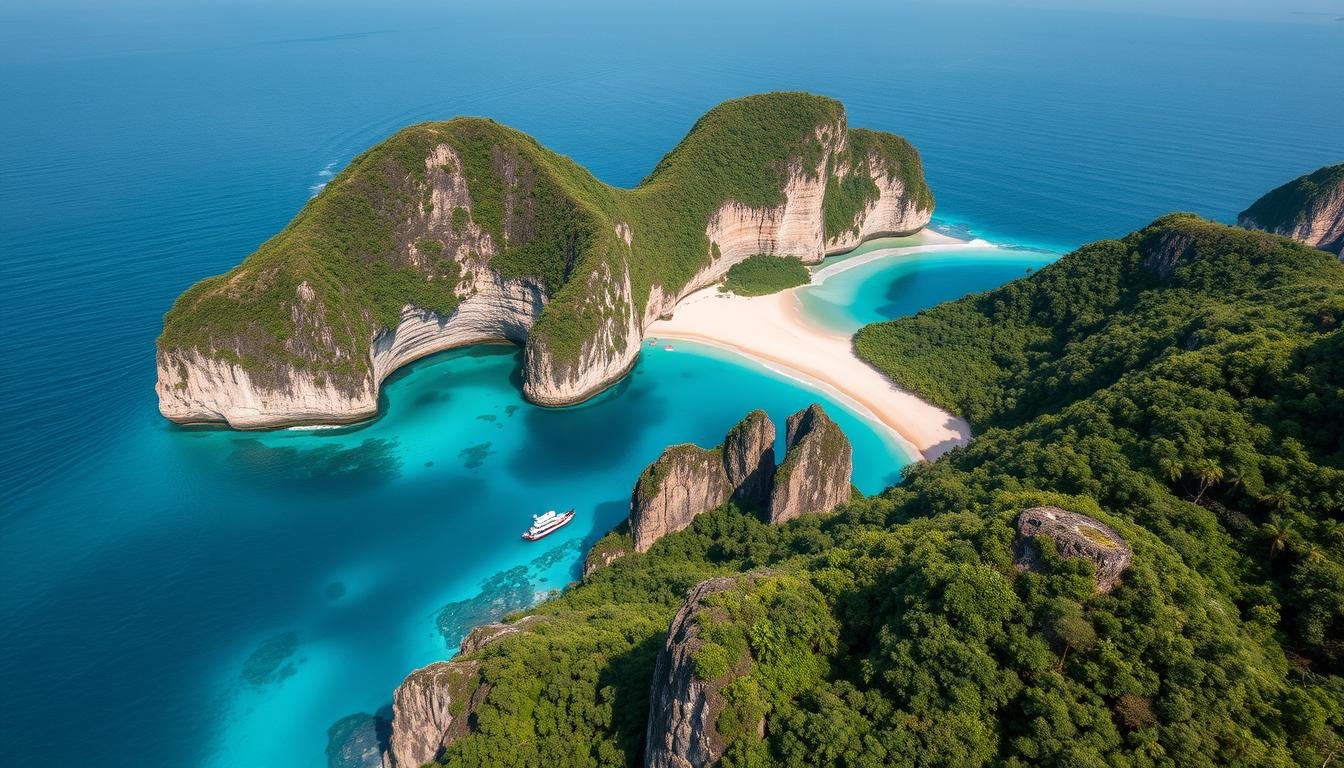 Aerial view of Côn Đảo's granite cliffs and pristine beaches with crystal-blue water, Vietnam