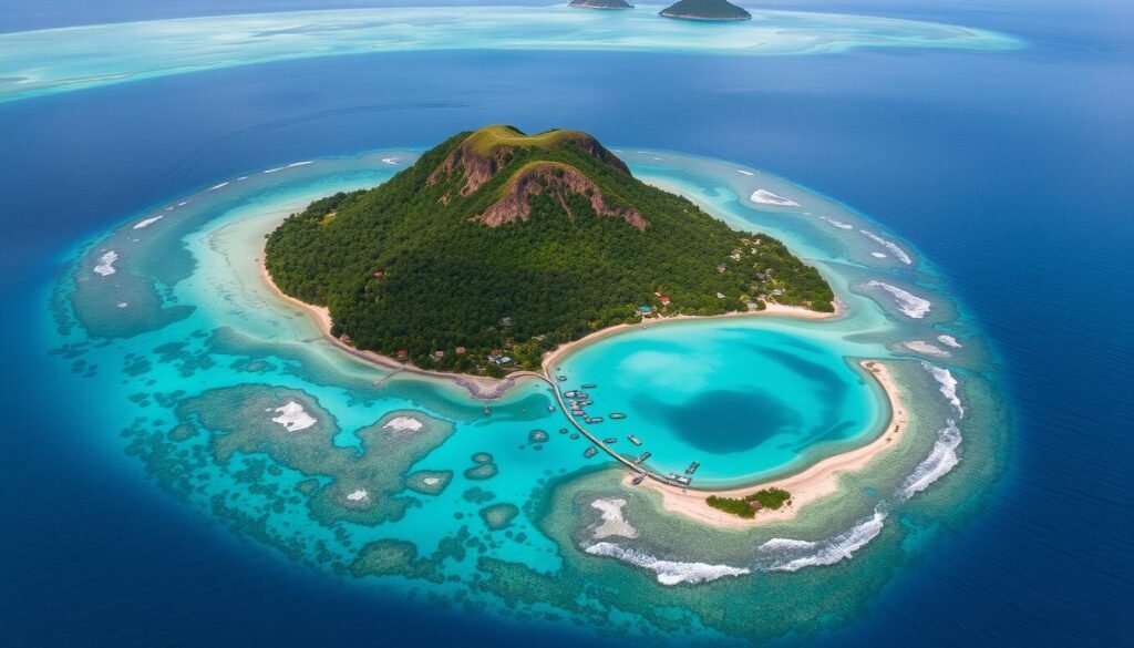 Aerial view of Providencia Island showing turquoise waters, coral reefs, and lush green mountains