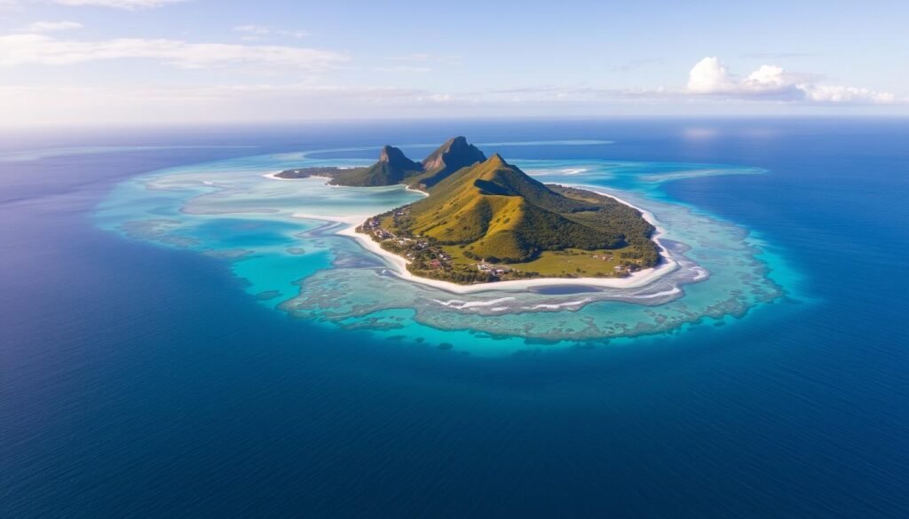 Aerial view of Rodrigues Island showing turquoise lagoon, coral reefs, and green hills