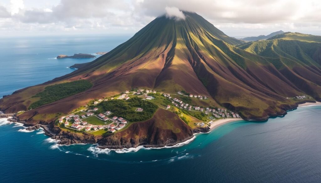 Aerial view of Saba Island showing Mount Scenery and colorful houses