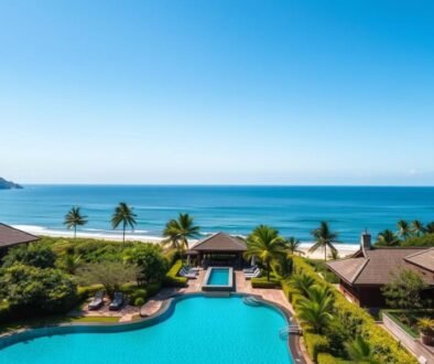 Aerial view of a luxury Bali resort with infinity pool overlooking the ocean for under $150 per night