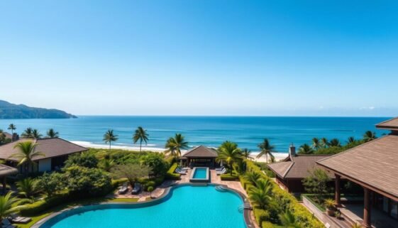 Aerial view of a luxury Bali resort with infinity pool overlooking the ocean for under $150 per night