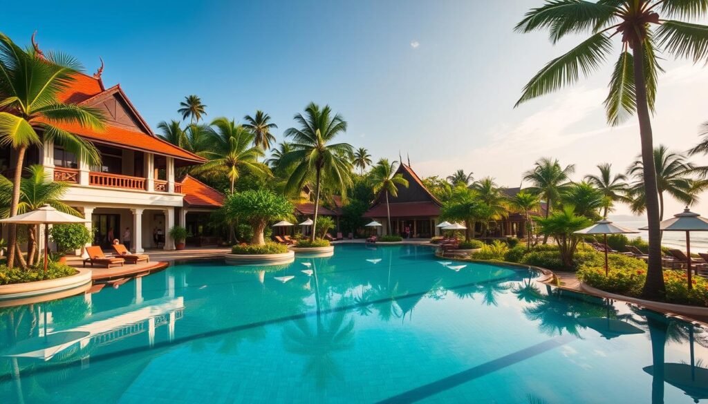 Anantara Hua Hin Resort in Thailand showing the main pool area with palm trees