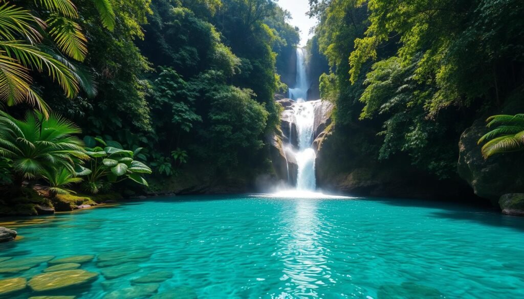 Emerald Pool waterfall in Dominica's rainforest with crystal clear water