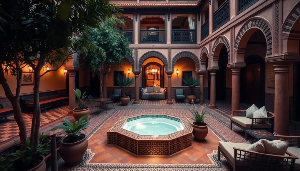 IZZA Marrakech showing the traditional riad courtyard with pool
