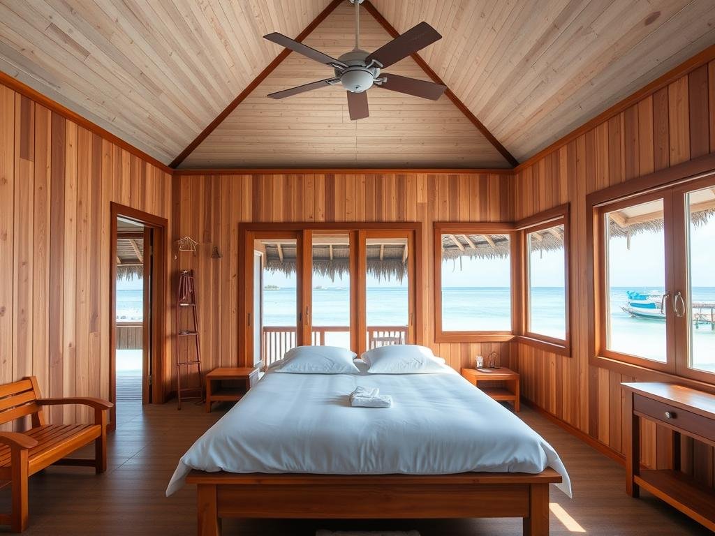 Interior of affordable water villa at Fihalhohi Island Resort in Maldives