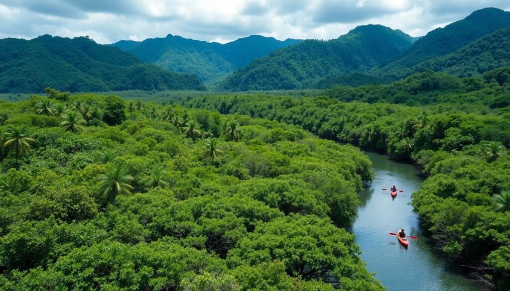 Lush mangrove forest with river in Iriomote Island, Japan