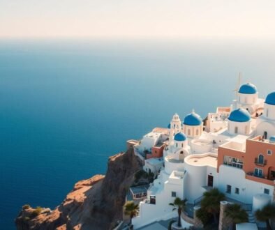 Panoramic view of Santorini with white-washed buildings and blue domes overlooking the Aegean Sea, one of the best Greek islands for first-time travelers