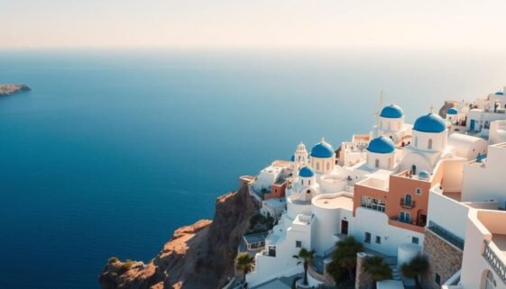 Panoramic view of Santorini with white-washed buildings and blue domes overlooking the Aegean Sea, one of the best Greek islands for first-time travelers