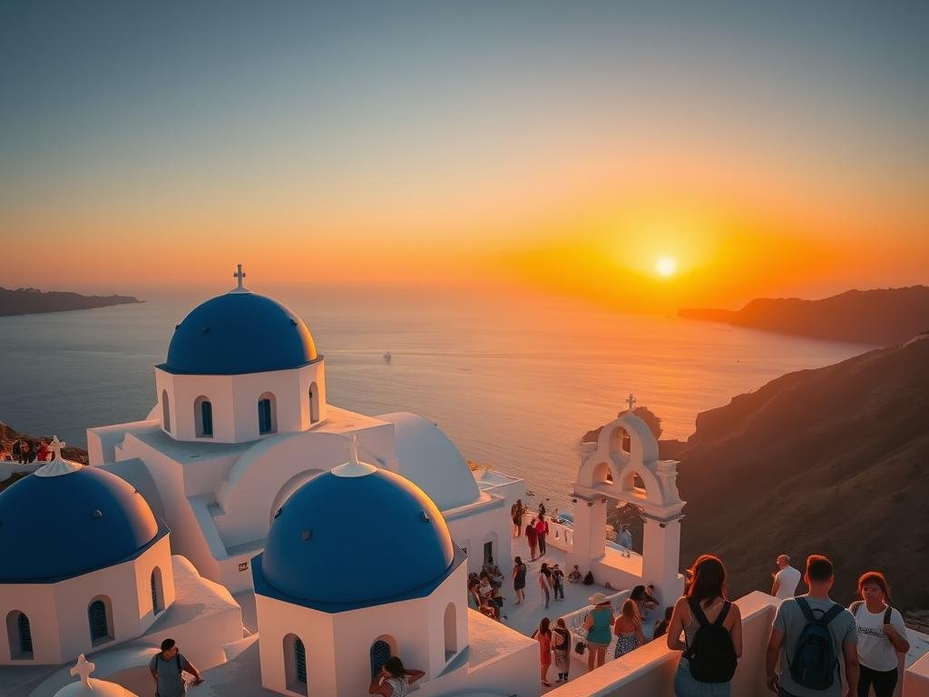 Sunset view from Oia in Santorini with tourists enjoying the famous blue dome churches, a must-visit for first-time travelers to Greek islands