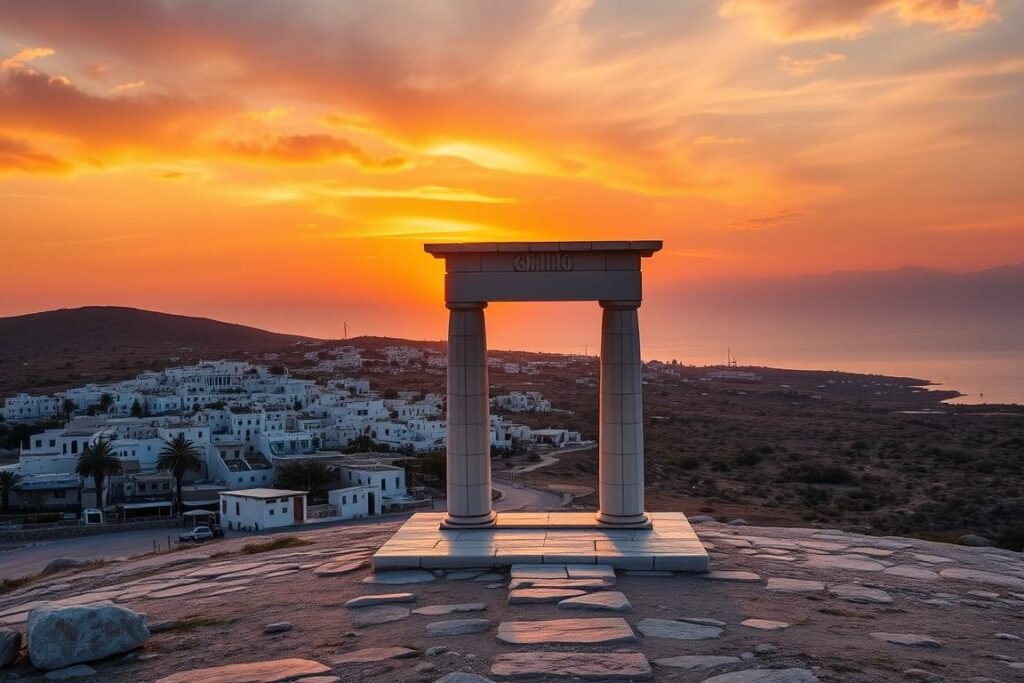 The Portara (Apollo's Temple) in Naxos at sunset with the town in the background, highlighting why Naxos is one of the best Greek islands for first-time travelers